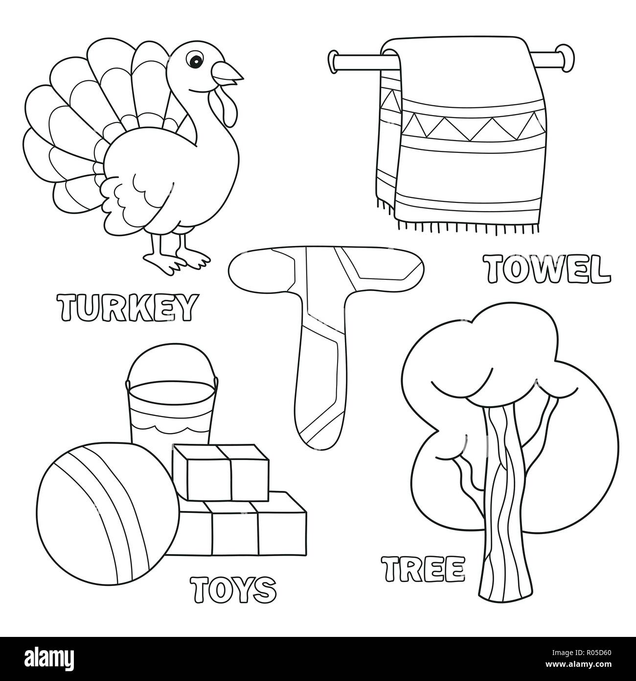 Kids alphabet coloring book page with outlined clip arts. Letter T Stock Vector