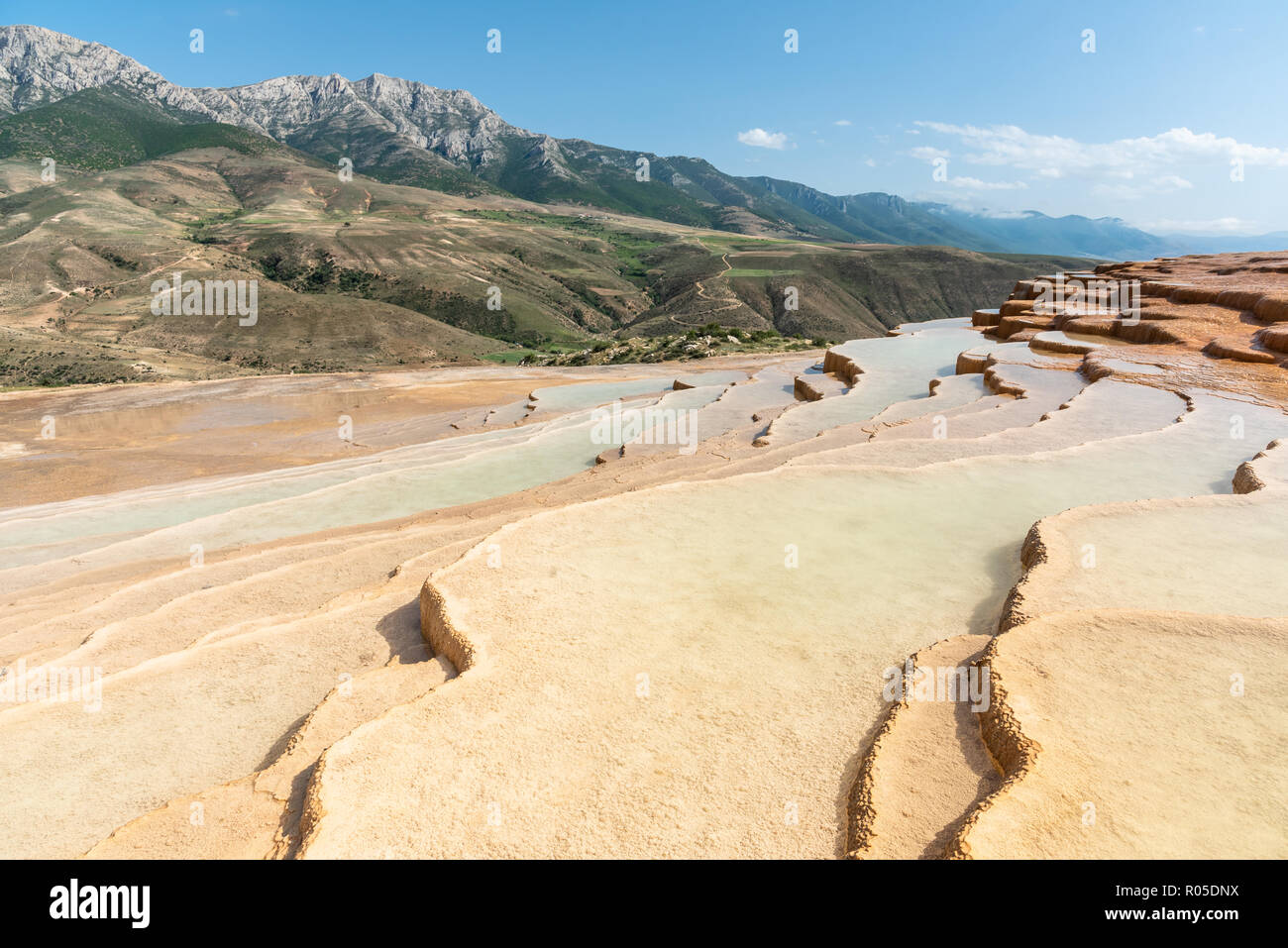 Travertine terrace at sunset near Orost, one of the rare pure travertine pools which are free accessible, Badab-e Surt, Iran Stock Photo