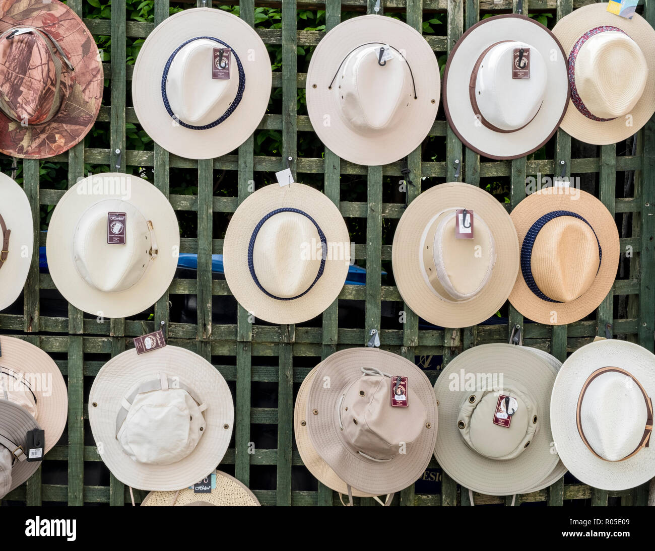 Men's hats for sale and on display outside, England, UK Stock Photo