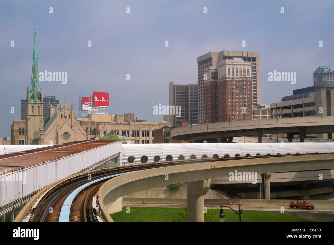 DETROIT, MICHIGAN, UNITED STATES - MAY 22nd, 2018: Riding the 'Detroit People Mover' Tramway in Detroit Downtown. The elevated monorail is one of many public modes of transportation in the city Stock Photo