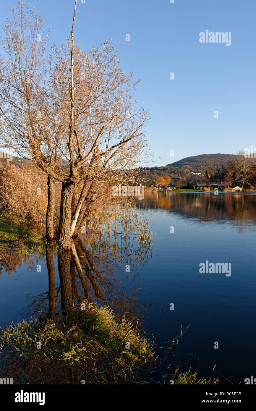 Lake with still water and mirror reflections Stock Photo - Alamy
