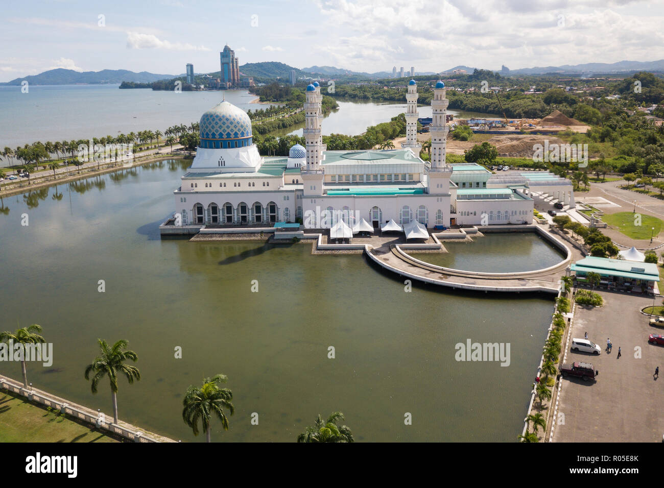 An aerial drone top angle view of Kota Kinabalu City Mosque  and its surrounding. Stock Photo