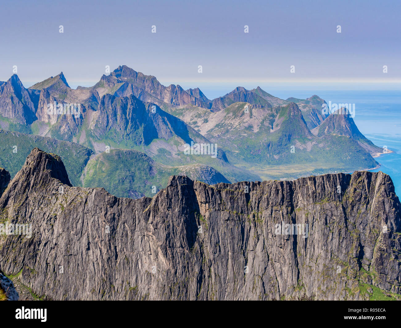 Peak in northwest of Senja island, seen from mountain Grytetippen, island Senja, Troms, Norway Stock Photo