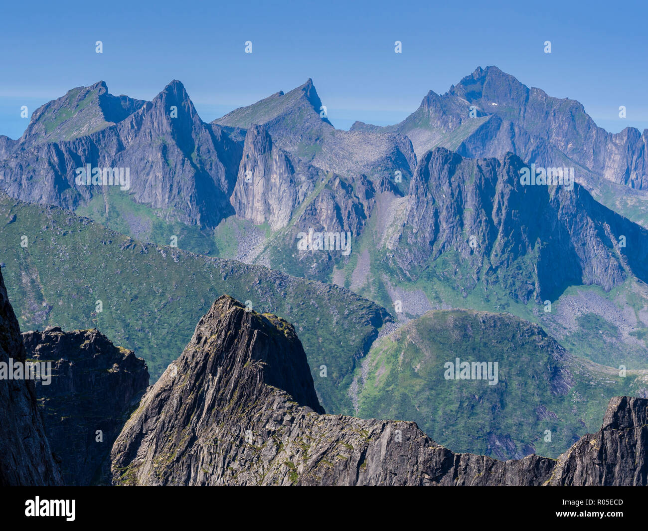 Peak in northwest of Senja island, seen from mountain Grytetippen, island Senja, Troms, Norway Stock Photo