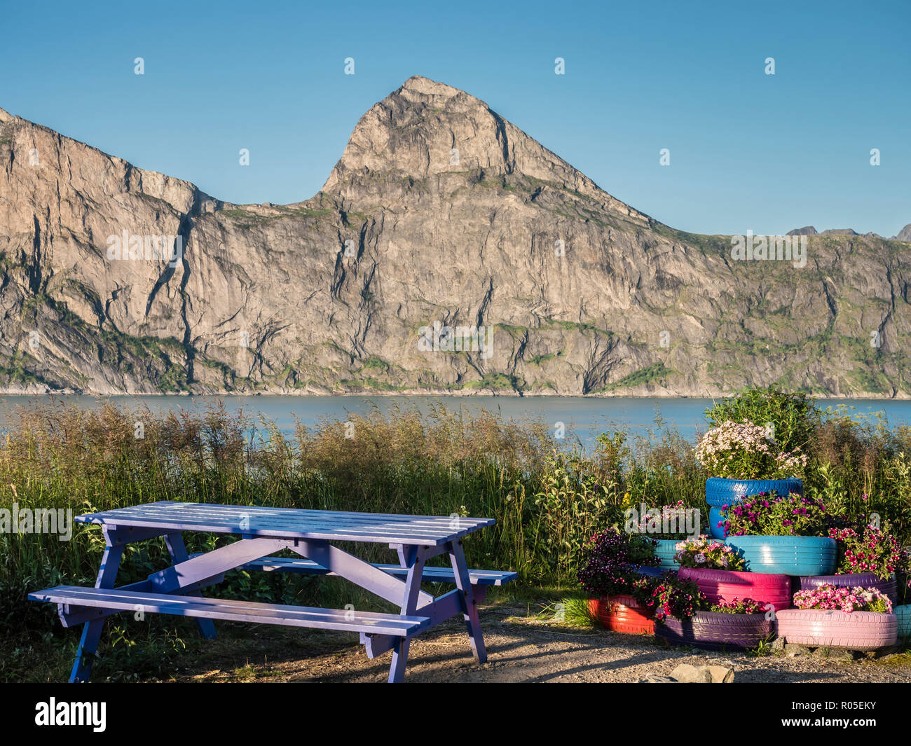 Rest stop, rest area, at the Mefjord, view to mountain Segla, island Senja, Troms, Norway Stock Photo