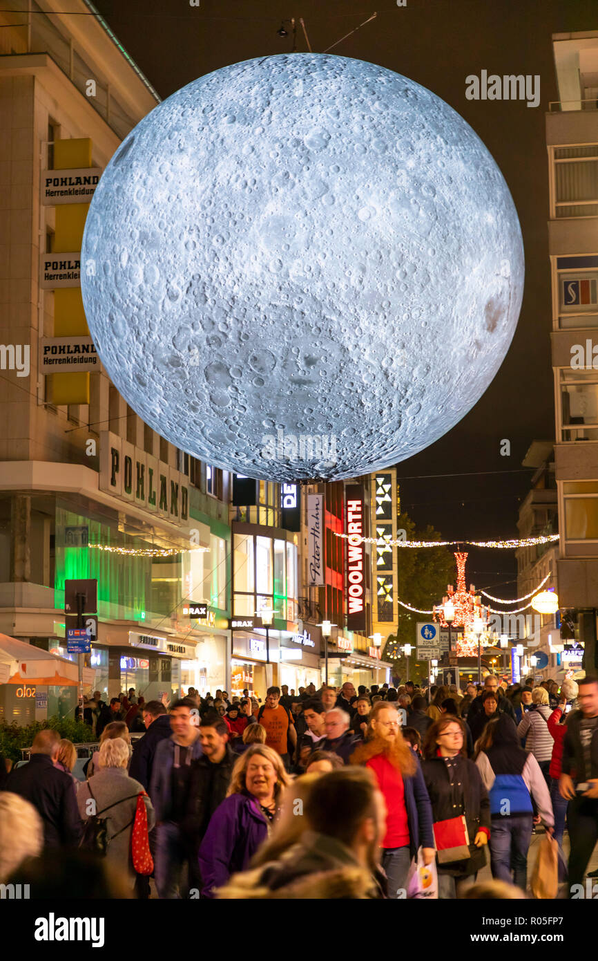 Essen Light Festival, light art installations in downtown Essen, Museum of the Moon, big shining moon, made from NASA photos, Kettwiger street, shoppi Stock Photo