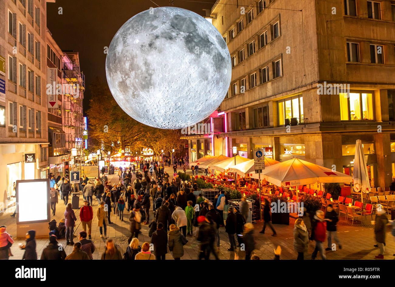 Essen Light Festival, light art installations in downtown Essen, Museum of the Moon, big shining moon, made from NASA photos, Kettwiger street, shoppi Stock Photo