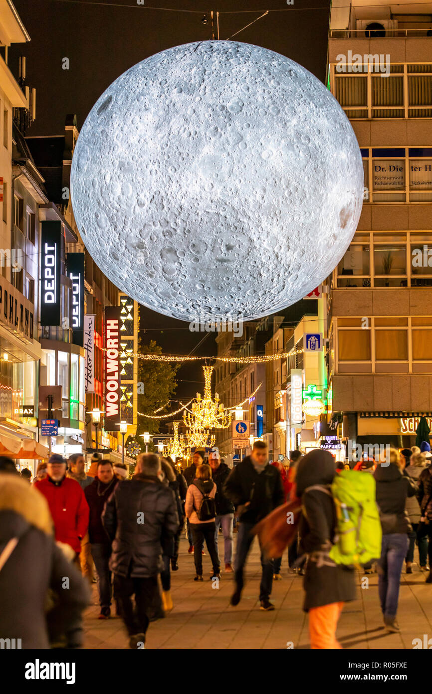 Essen Light Festival, light art installations in downtown Essen, Museum of the Moon, big shining moon, made from NASA photos, Kettwiger street, shoppi Stock Photo