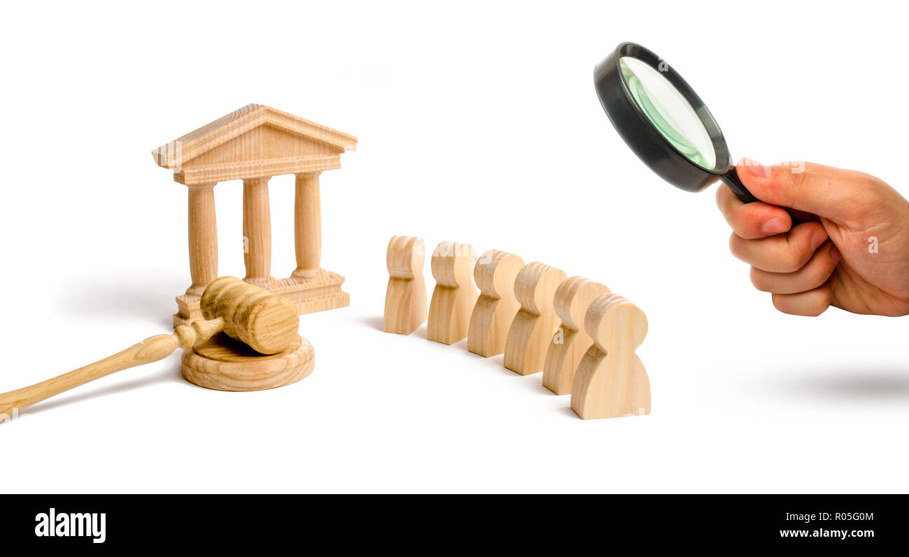 Magnifying glass is looking at the group of people standing near the