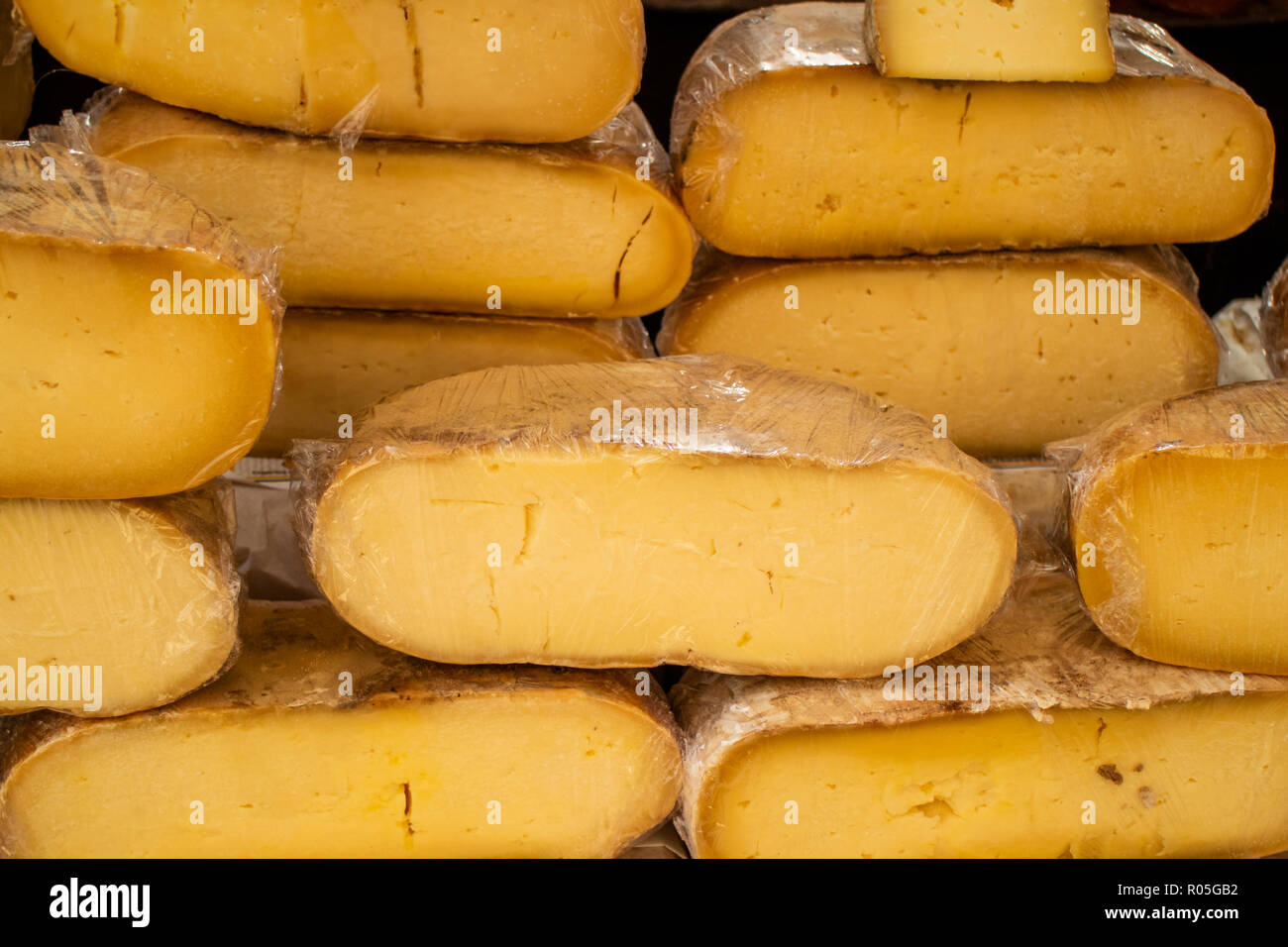 Mahón cheese from cow and sheep produced in Menorca, Balearic Islands, Spain Stock Photo