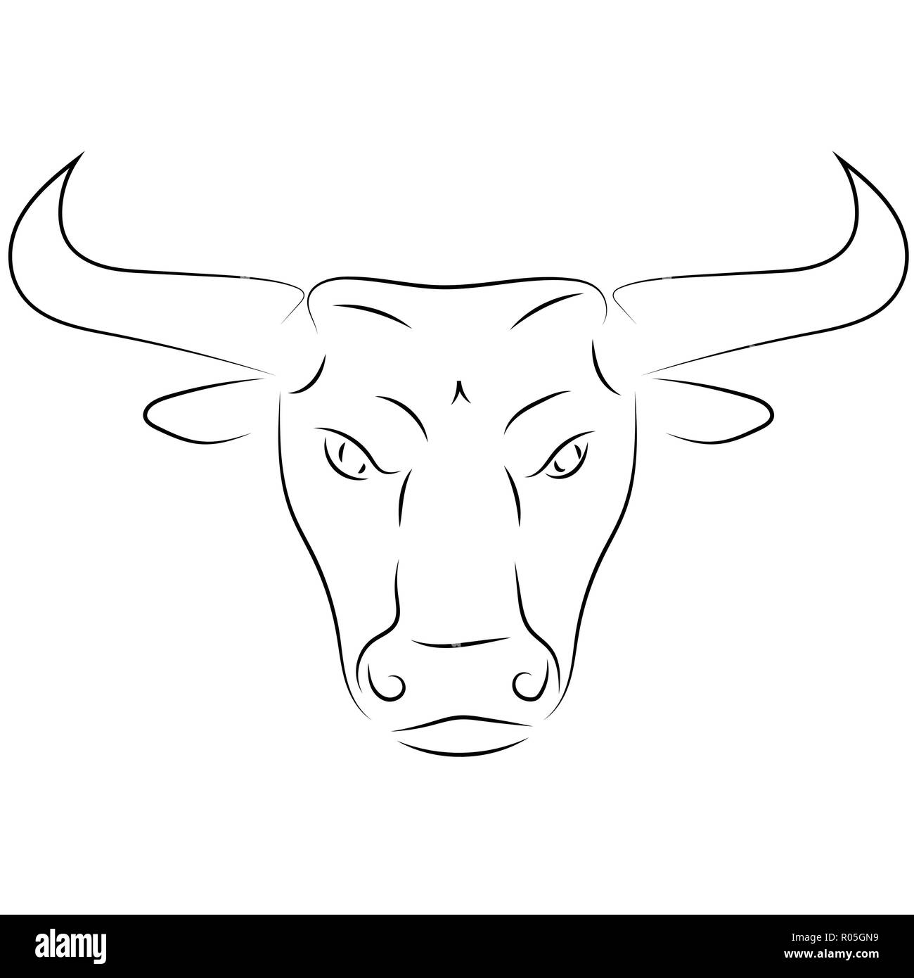 Black line bull head on white background. Hand drawing vector. Sketch style graphic animal. Stock Vector