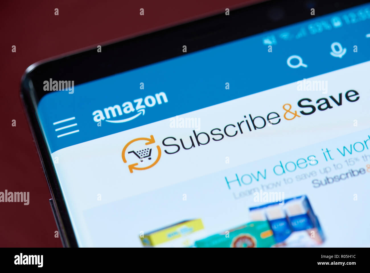 New york, USA - November 1, 2018: Amazon subscribe and save menu on smartphone screen close up view Stock Photo