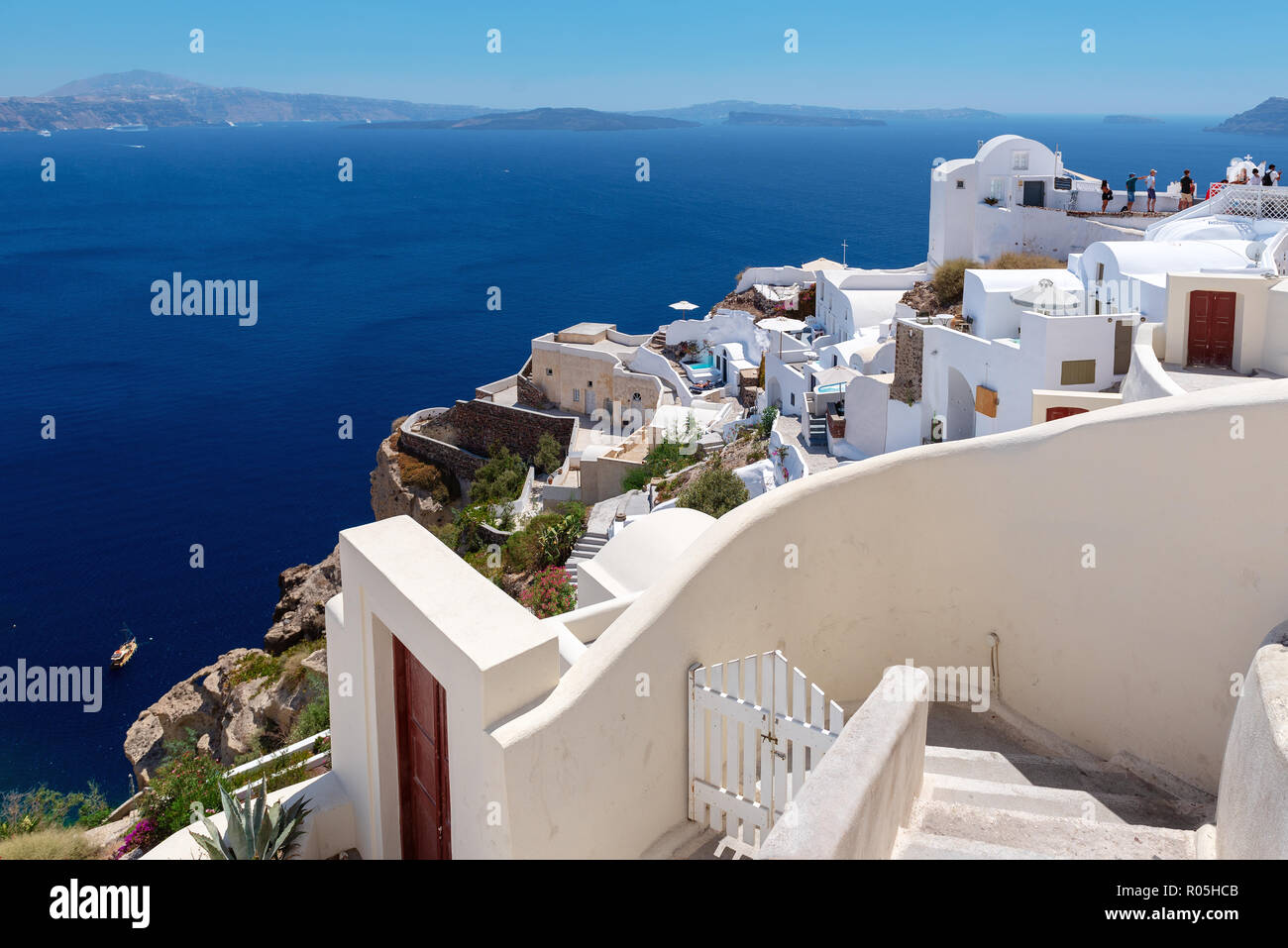 Steps down to traditional Greek villages at Santorini island, Greece Stock Photo