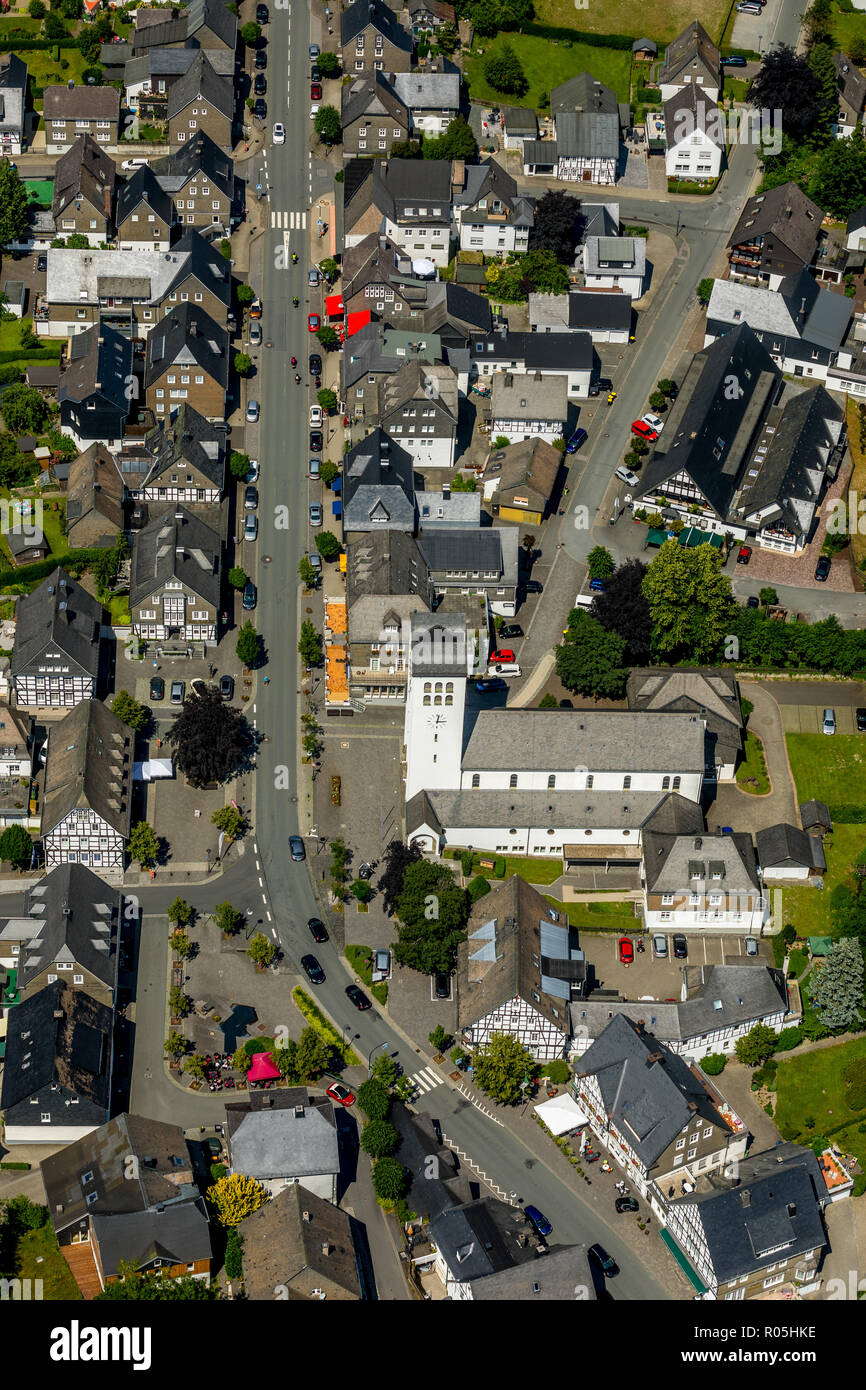 Aerial view, main street Bad Fredeburg, half timbered houses, Schmallenberg, Sauerland, North Rhine-Westphalia, Germany, DEU, Europe, birds-eyes view, Stock Photo