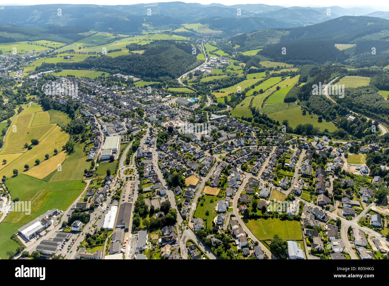 Aerial view, Oberstadt residential area Am Wormbacher Berg, Schmallenberg, Sauerland, North Rhine-Westphalia, Germany, DEU, Europe, birds-eyes view, a Stock Photo