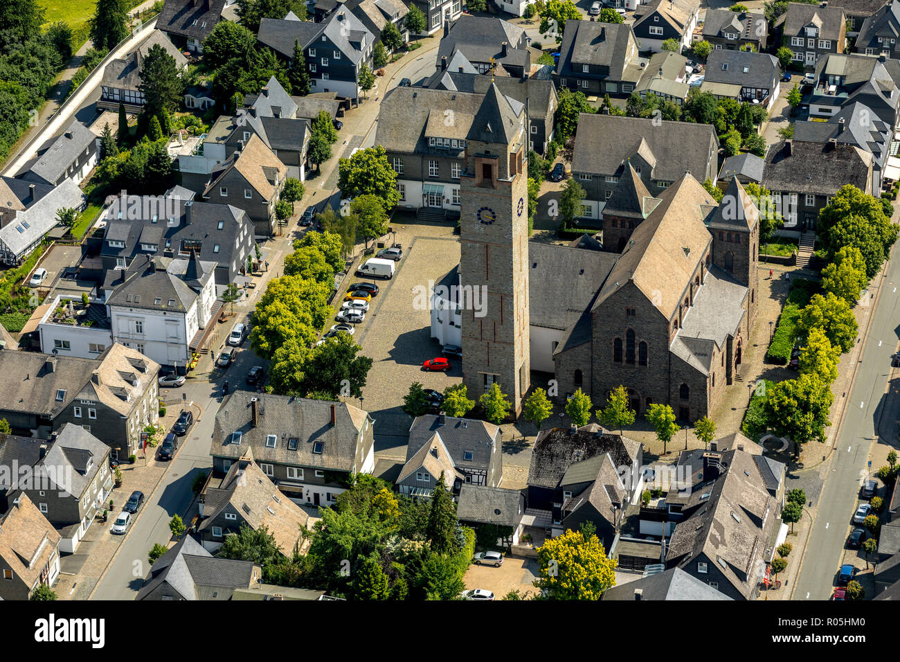 Aerial view, St. Alexander's Church, church square, Schmallenberg, Sauerland, North Rhine-Westphalia, Germany, DEU, Europe, birds-eyes view, aerial vi Stock Photo