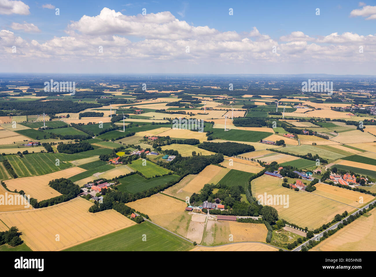 Aerial photo, overview farm Suntrup, farm Lohmann-Naturland, Tobias GroÃŸe-Lembeck, Bioenergy Gronhorst GmbH & Co., L547, Hoetmar, Warendorf, Münsterl Stock Photo