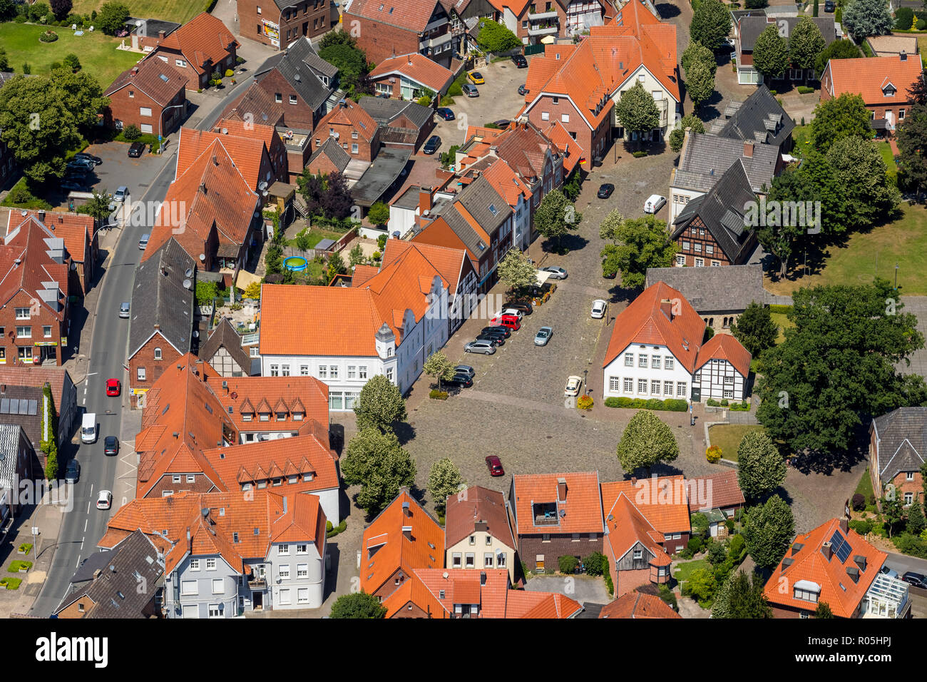 Aerial view, Abbey market Freckenhorst, tree road, Warendorfer road, Warendorf, Münsterland, North Rhine-Westphalia, Germany, Europe, DEU, birds-eyes  Stock Photo