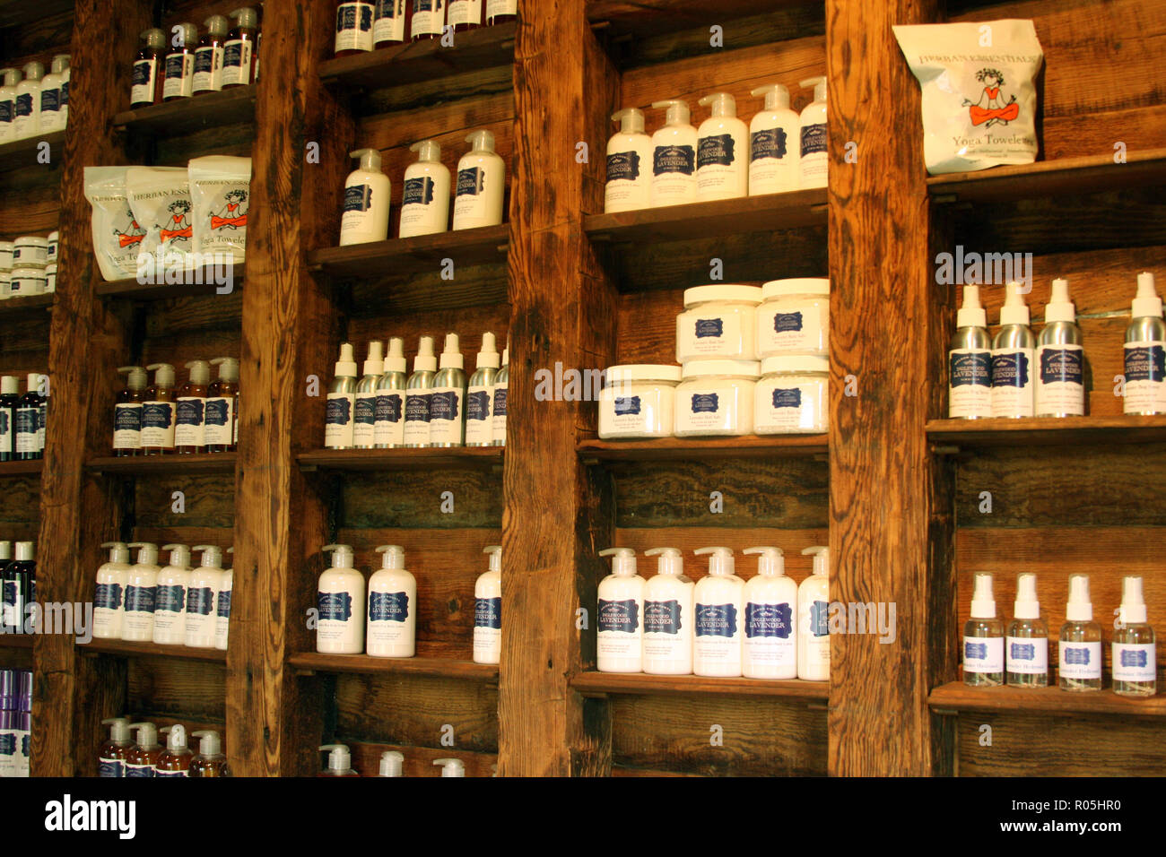 Lavender oil and products for sale inside the farm store at Inglewood Lavender Farm, Virginia Stock Photo