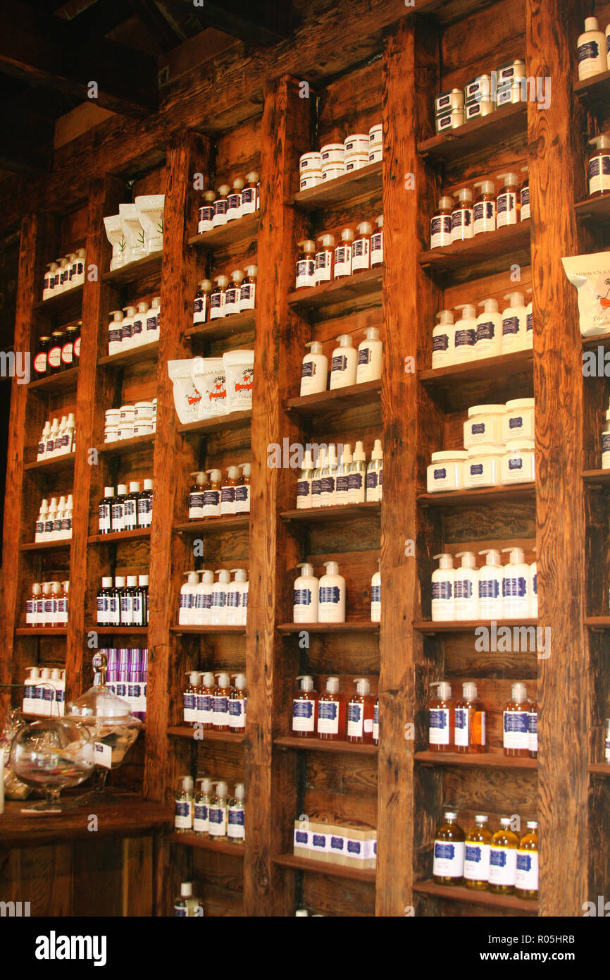 Lavender oil and products for sale inside the farm store at Inglewood Lavender Farm, Virginia Stock Photo