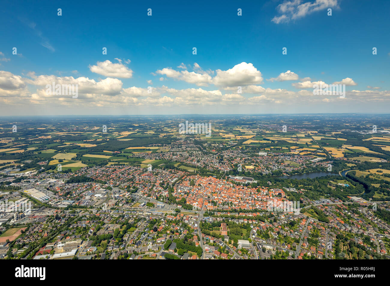 Aerial view, overview Warendorf, Emssee, Ems, Lake, Münsterland, North Rhine-Westphalia, Germany, Europe, Warendorf, DEU, birds-eyes view, aerial view Stock Photo