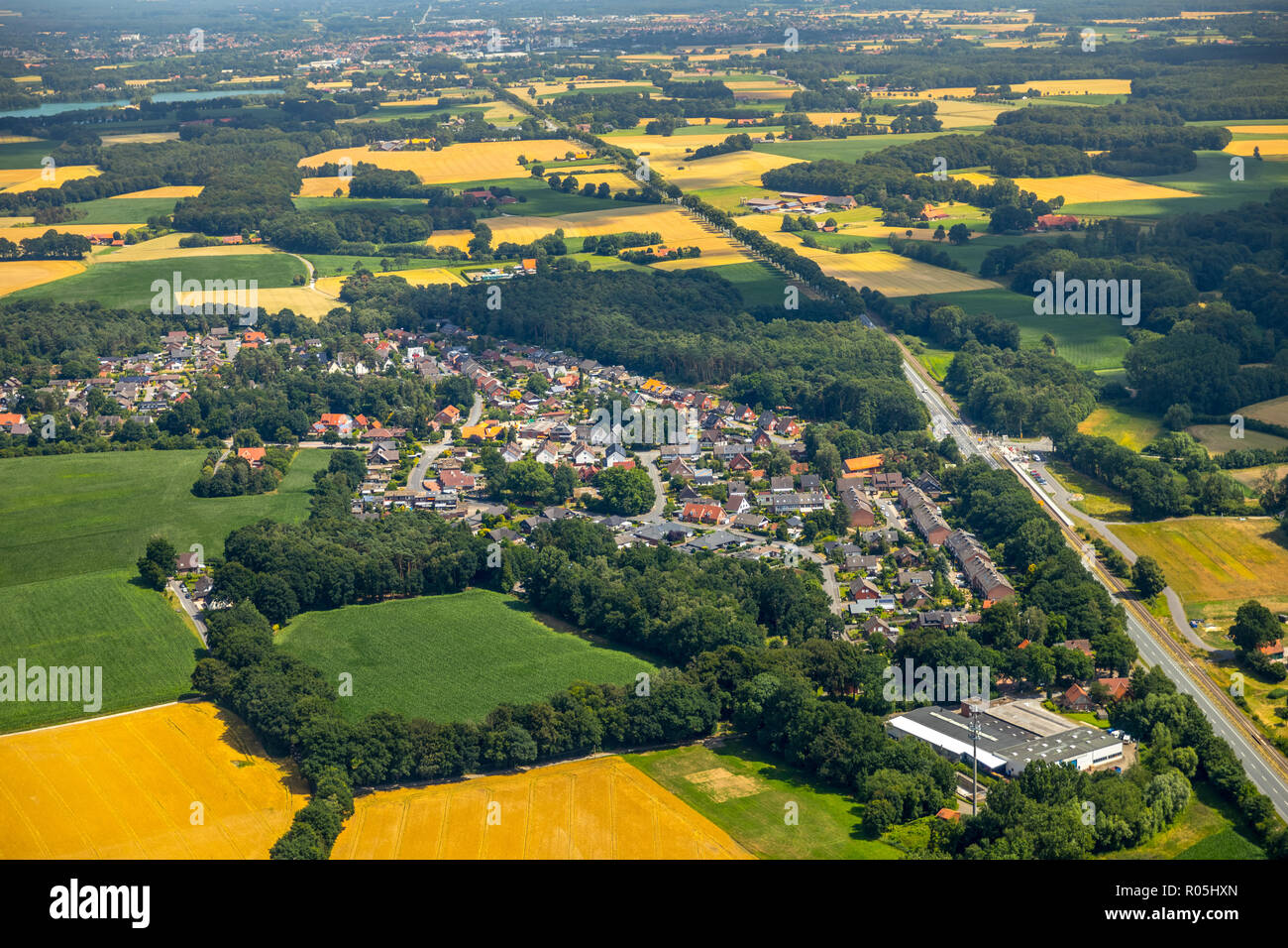 Aerial view, overview Müssingen, Warendorf, Münsterland, North Rhine-Westphalia, Germany, Europe, DEU, birds-eyes view, aerial view, aerial photograph Stock Photo