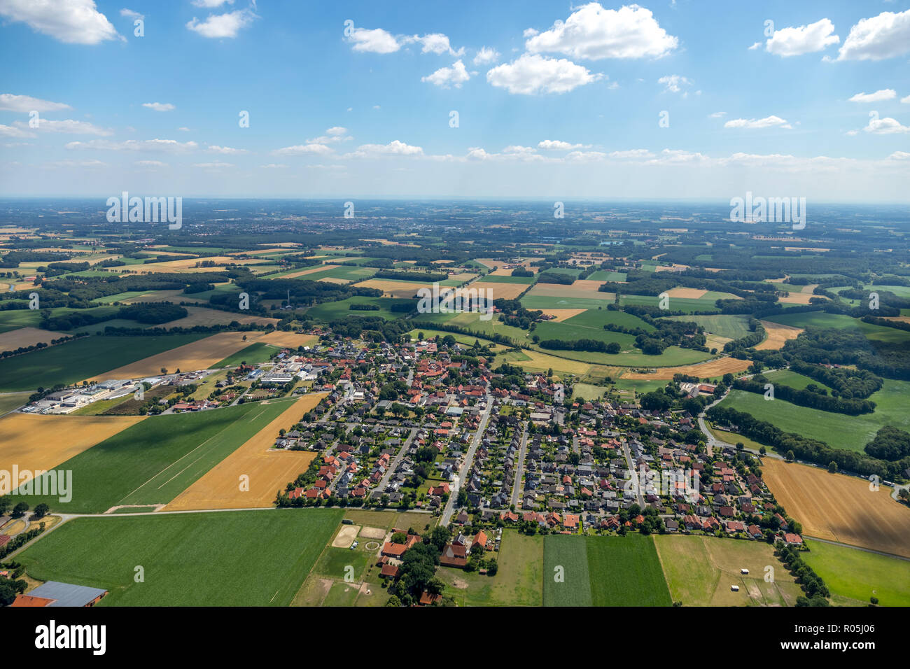 Aerial view, overview Milte, Warendorf, Münsterland, North Rhine-Westphalia, Germany, Europe, DEU, birds-eyes view, aerial view, aerial photography, a Stock Photo