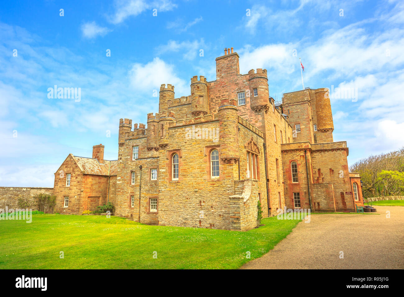 Barrogill castle of Mey of Thurso town of the north coast of the Highland in Scotland, United Kingdom. Castle of Mey is a popular landmark and famous touristic attraction. Stock Photo