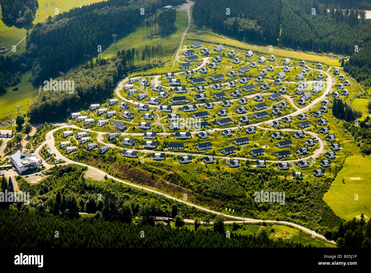 Aerial view, Holiday cottages Landal Winterberg, Apartments, Boredom, uniformity, standard construction, monotony, hilltop with standard houses, circu Stock Photo