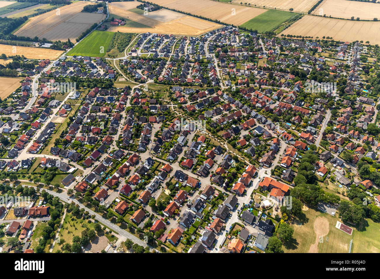 Aerial view, overview residential area Drensteinfurt, Münsterland, North Rhine-Westphalia, Germany, Europe, Drensteinfurt, DEU, birds-eyes view, aeria Stock Photo