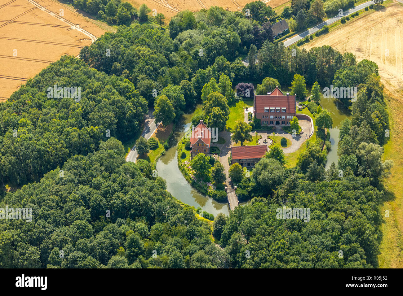 Aerial view, Wasserschloss, house Bisping, Altendorf, mansion, Rinkerode, Drensteinfurt, Münsterland, North Rhine-Westphalia, Germany, Europe, DEU, bi Stock Photo