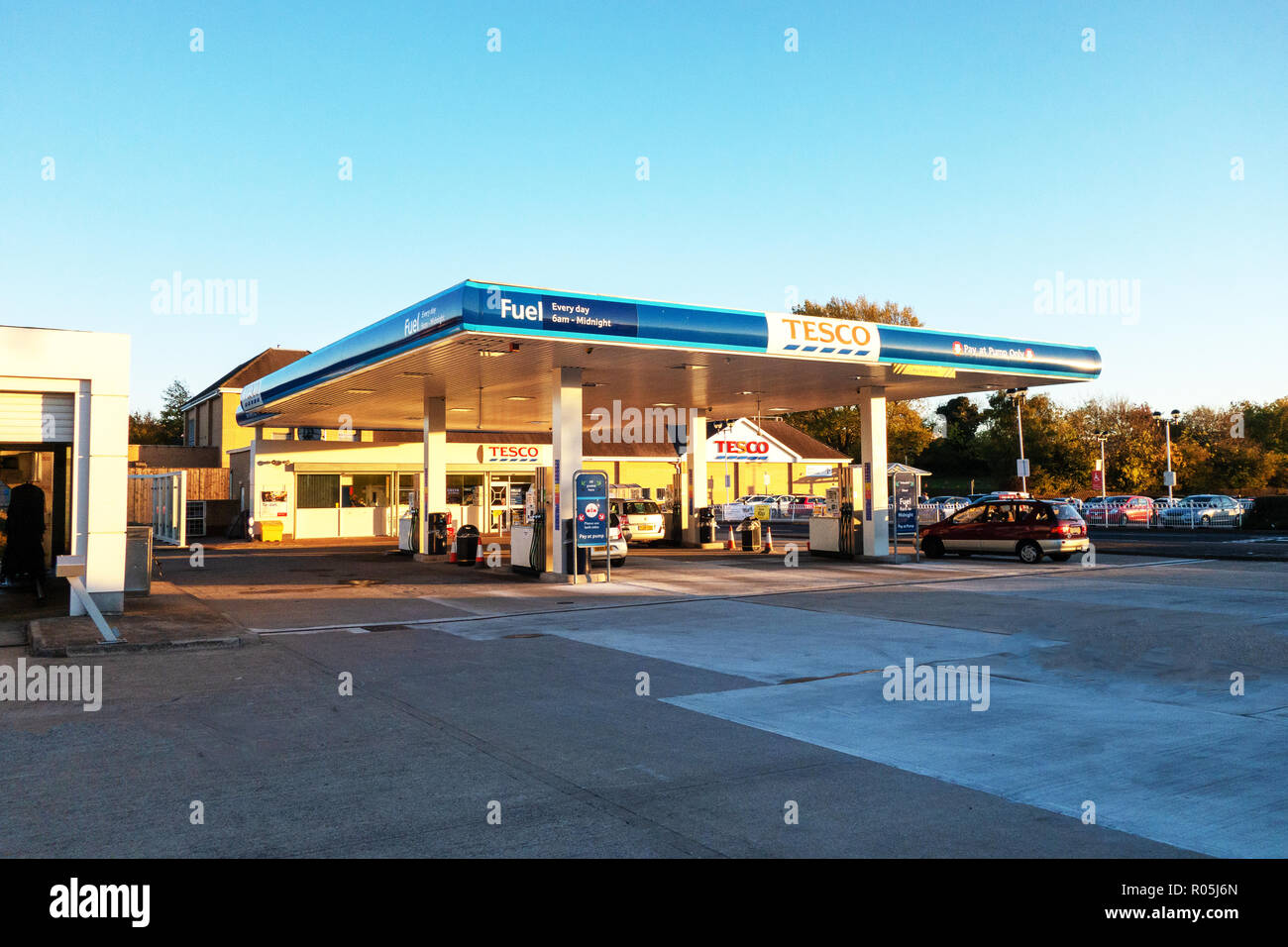 Fuel at Tesco Petrol station at Dinnington, Rotherham around sunset