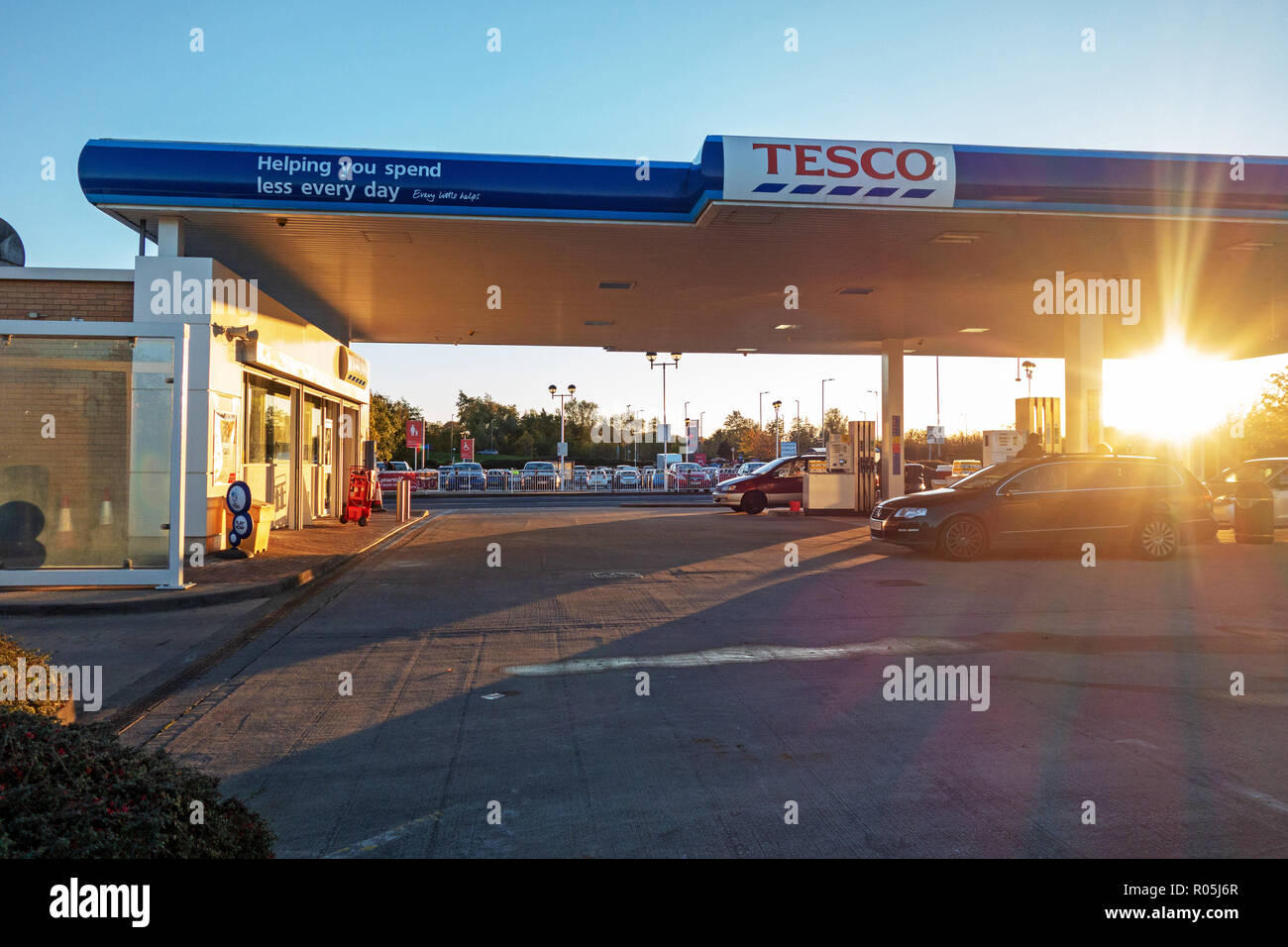 Fuel at Tesco Petrol station at Dinnington, Rotherham around sunset Stock Photo