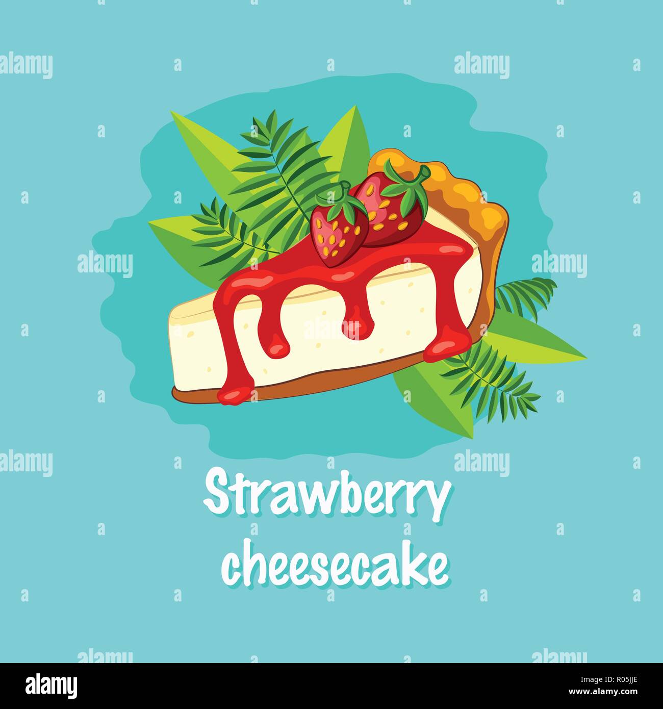 Cartoon style vector cheesecake with strawberry topping and berry on the turquoise background Stock Vector