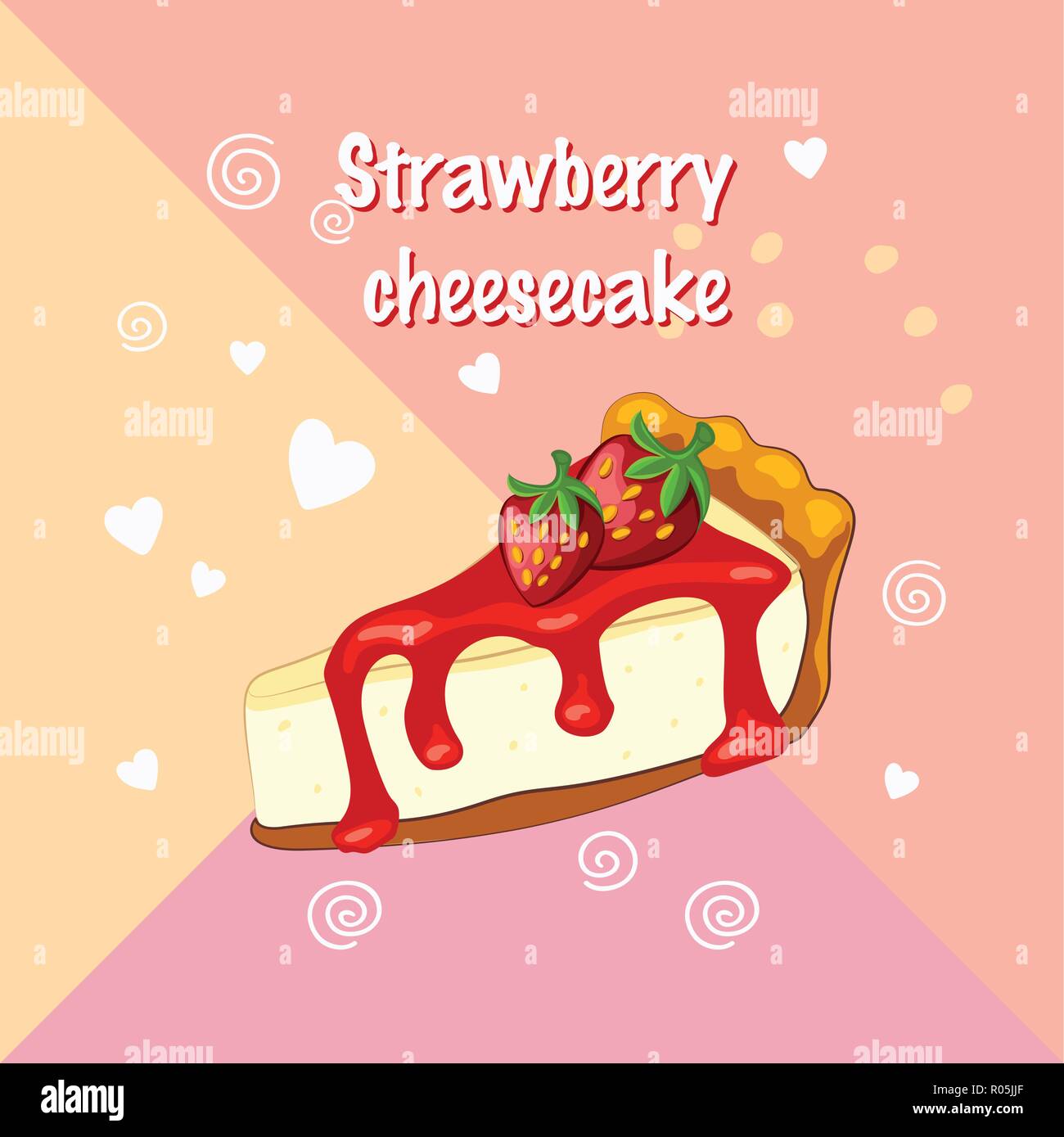 Cartoon style vector cheesecake with strawberry topping and berry on the pink background Stock Vector