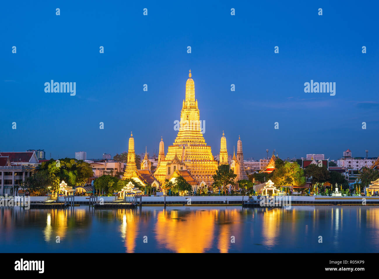 Bangkok Thailand, night city skyline at Wat Arun temple and Chao Phraya River Stock Photo