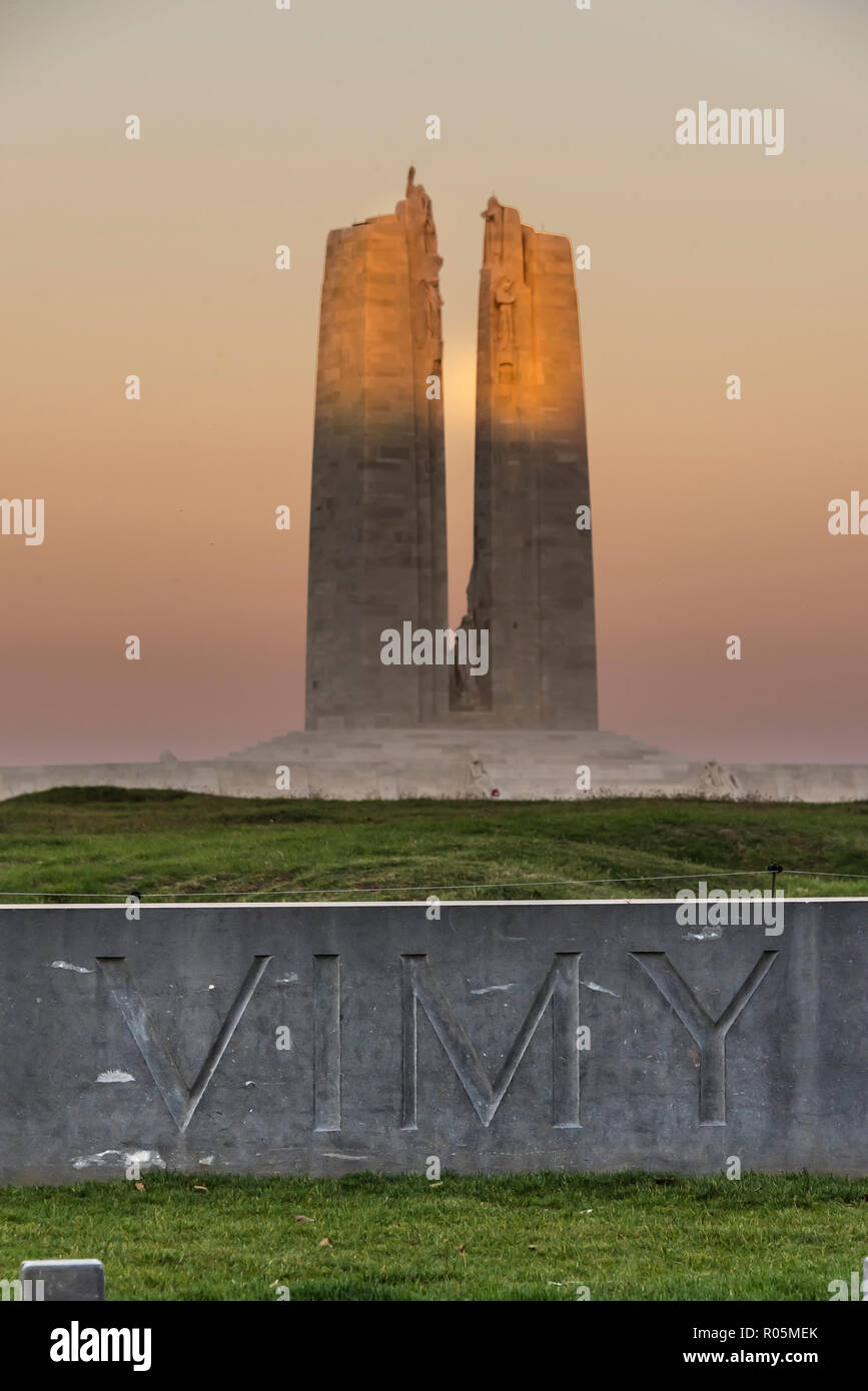 The Canadian First World War memorial at Vimy Ridge at sunset near ...