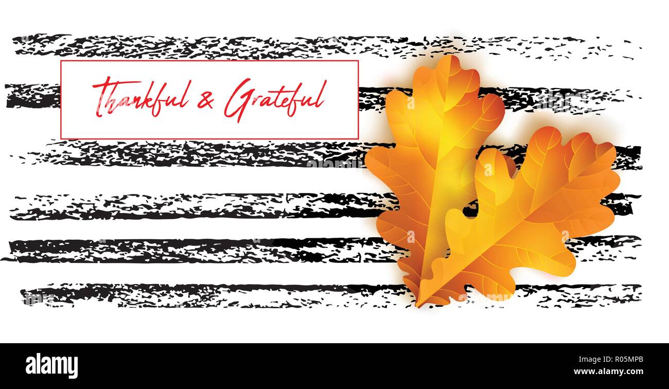 Vector thanksgiving horizontal banner with hand lettering label -happy thanksgiving day - and autumn realistic oak leaves on background. Stock Vector