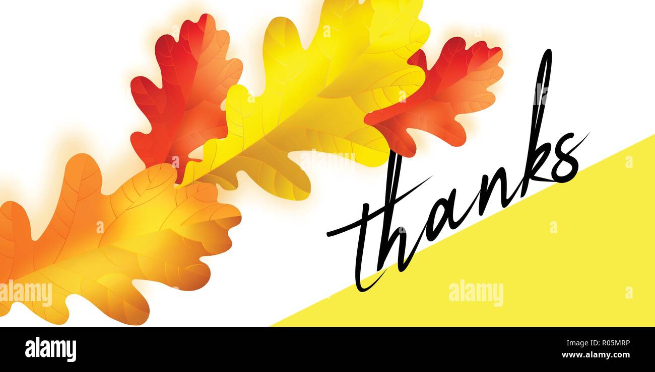 Vector thanksgiving horizontal banner with hand lettering label -happy thanksgiving day - and autumn realistic oak leaves on background. Stock Vector