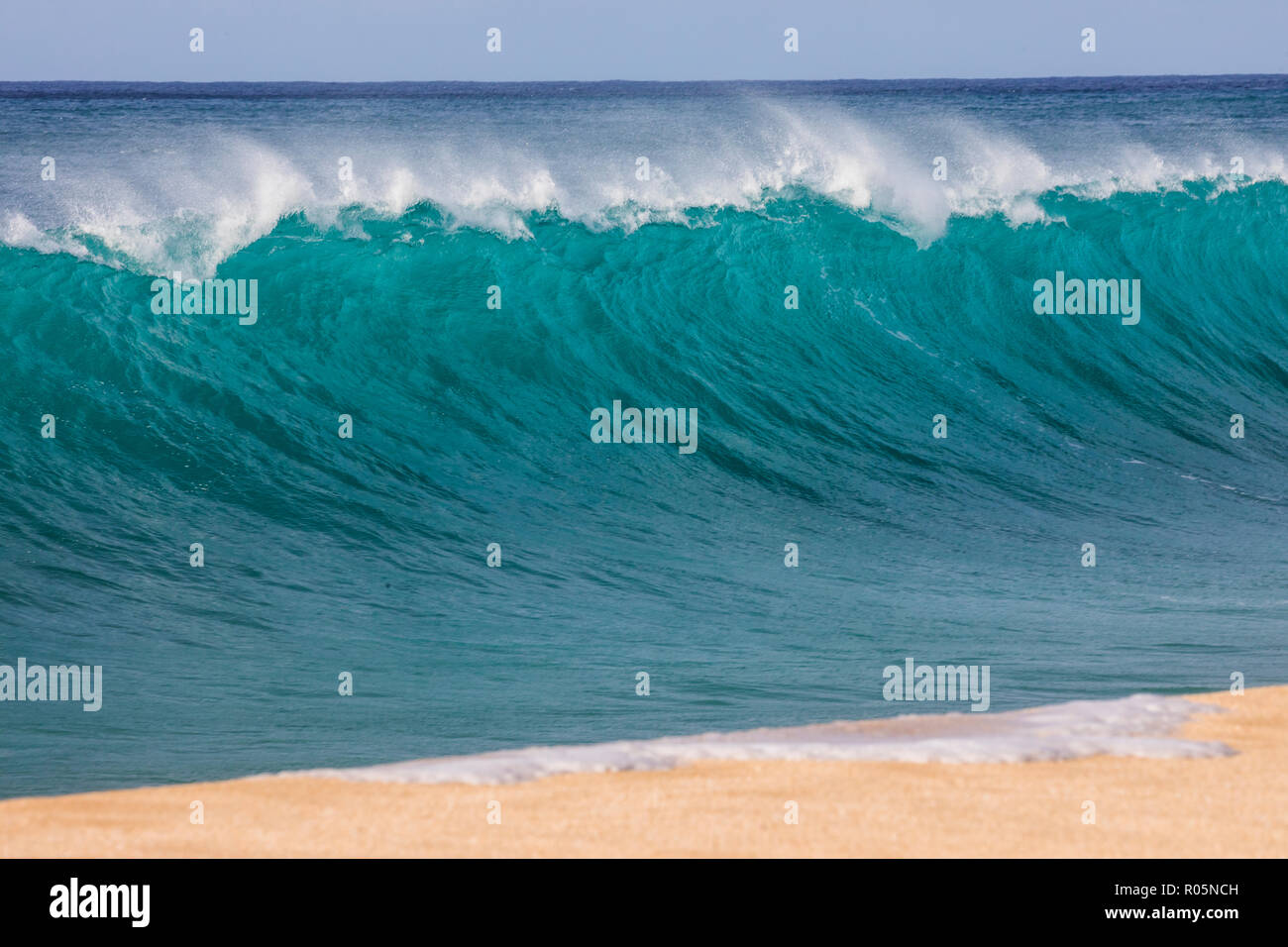 A large breaking shore break wave at Keiki beach on the North Shore. Stock Photo