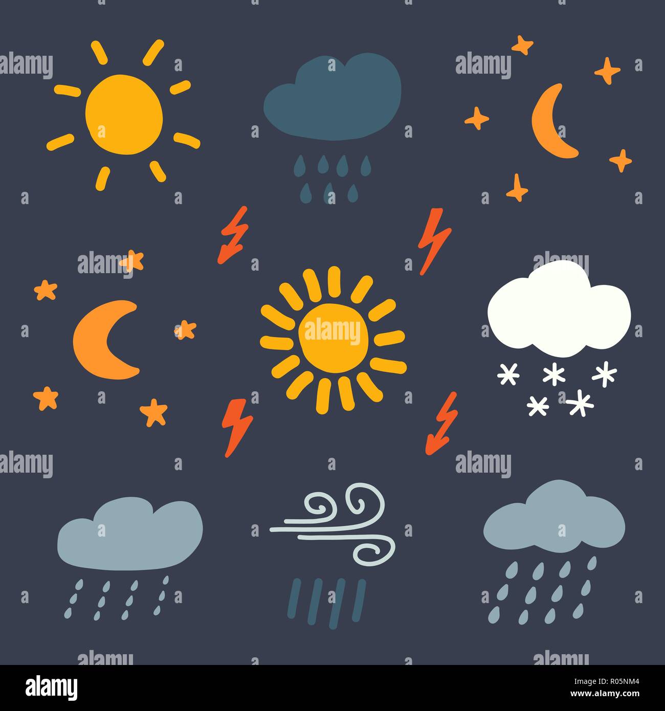 Doodle weather color icons. Hand drawing sign, logo, pictogram for ...