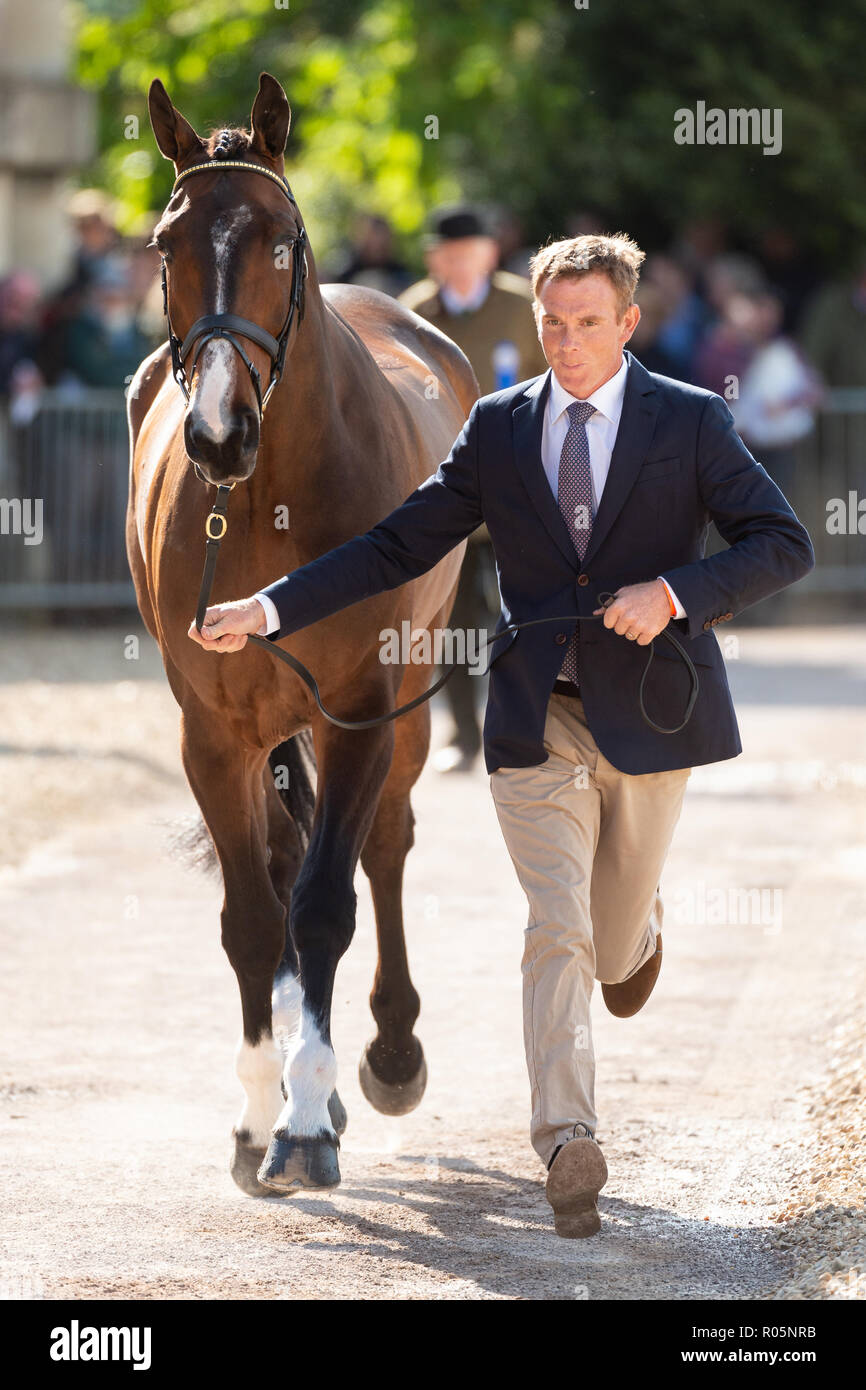 Padraig Mccarthy and MR CHUNKY during the vets inspection, Mitsubishi Motors Badminton Horse Trials, Badminton, Gloucestershire, 2018 Stock Photo