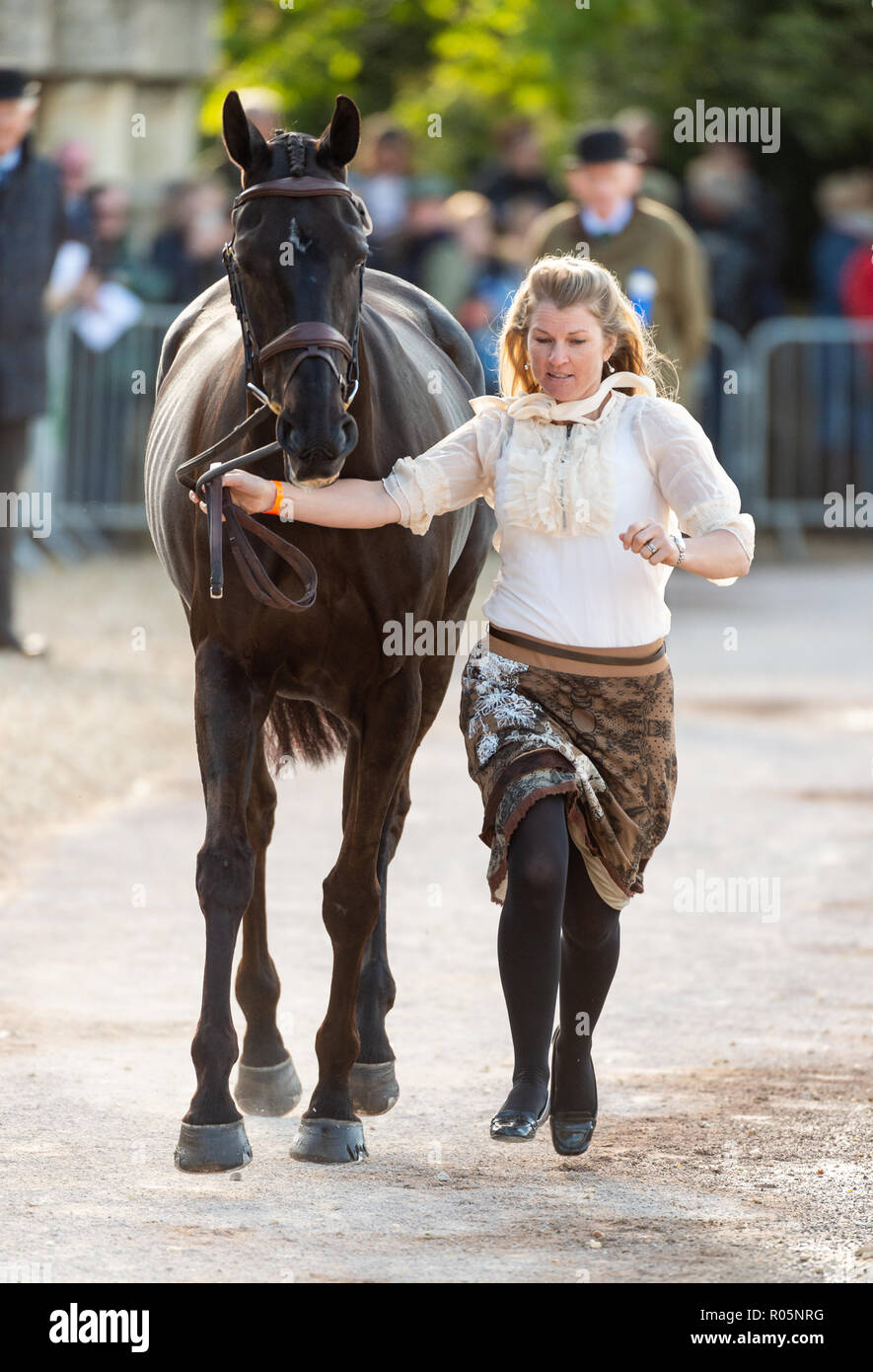 Jonelle Price and CLASSIC MOET during the vets inspection, Mitsubishi Motors Badminton Horse Trials, Badminton, Gloucestershire, 2018 Stock Photo