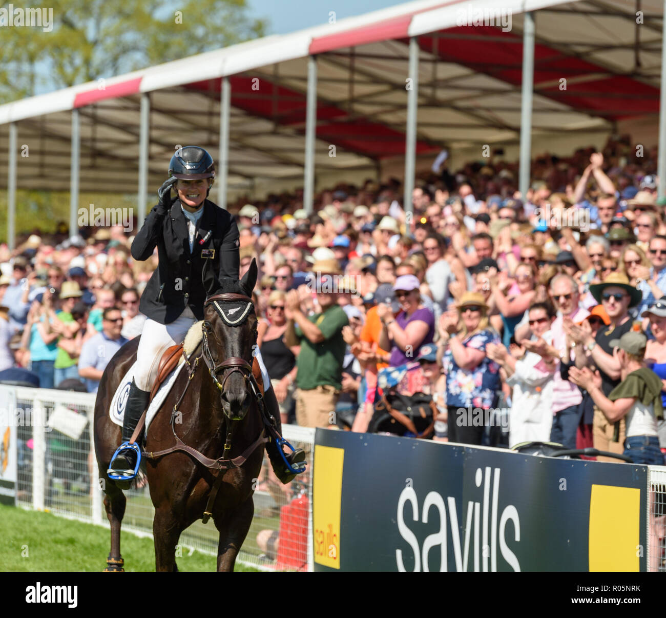 Jonelle Price and CLASSIC MOET during the show jumping phase, Mitsubishi Motors Badminton Horse Trials, Gloucestershire, 2018 Stock Photo