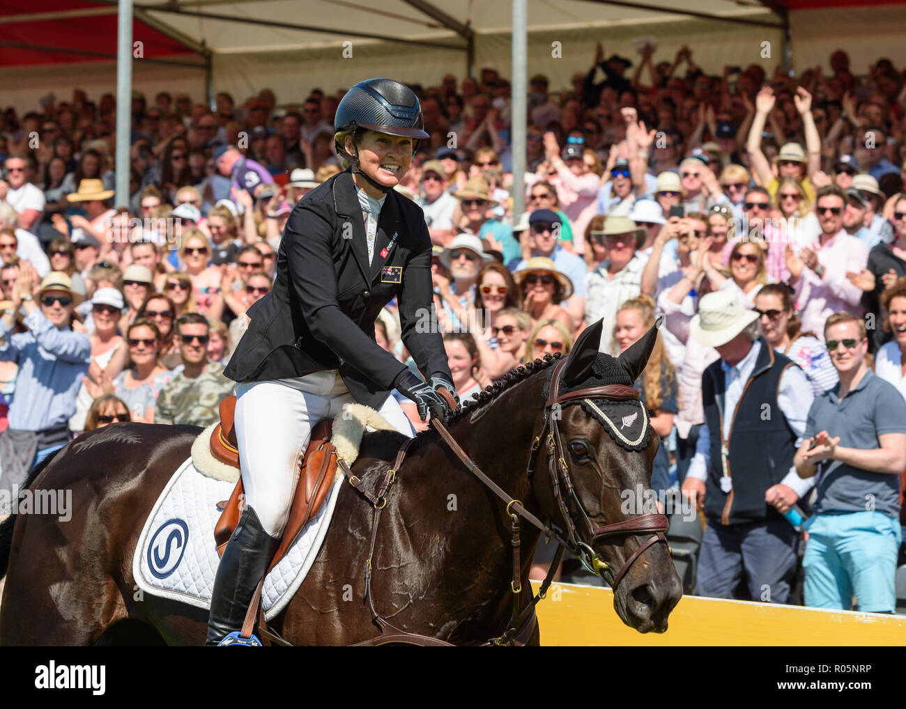 Jonelle Price and CLASSIC MOET during the show jumping phase, Mitsubishi Motors Badminton Horse Trials, Gloucestershire, 2018 Stock Photo