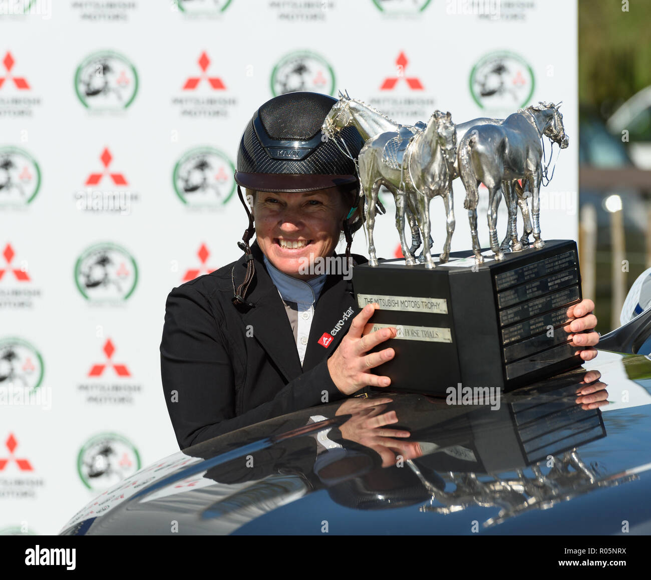 Jonelle Price with the Mitsubishi Motors Badminton Horse Trials Trophy, Mitsubishi Motors Badminton Horse Trials, Gloucestershire, 2018 Stock Photo