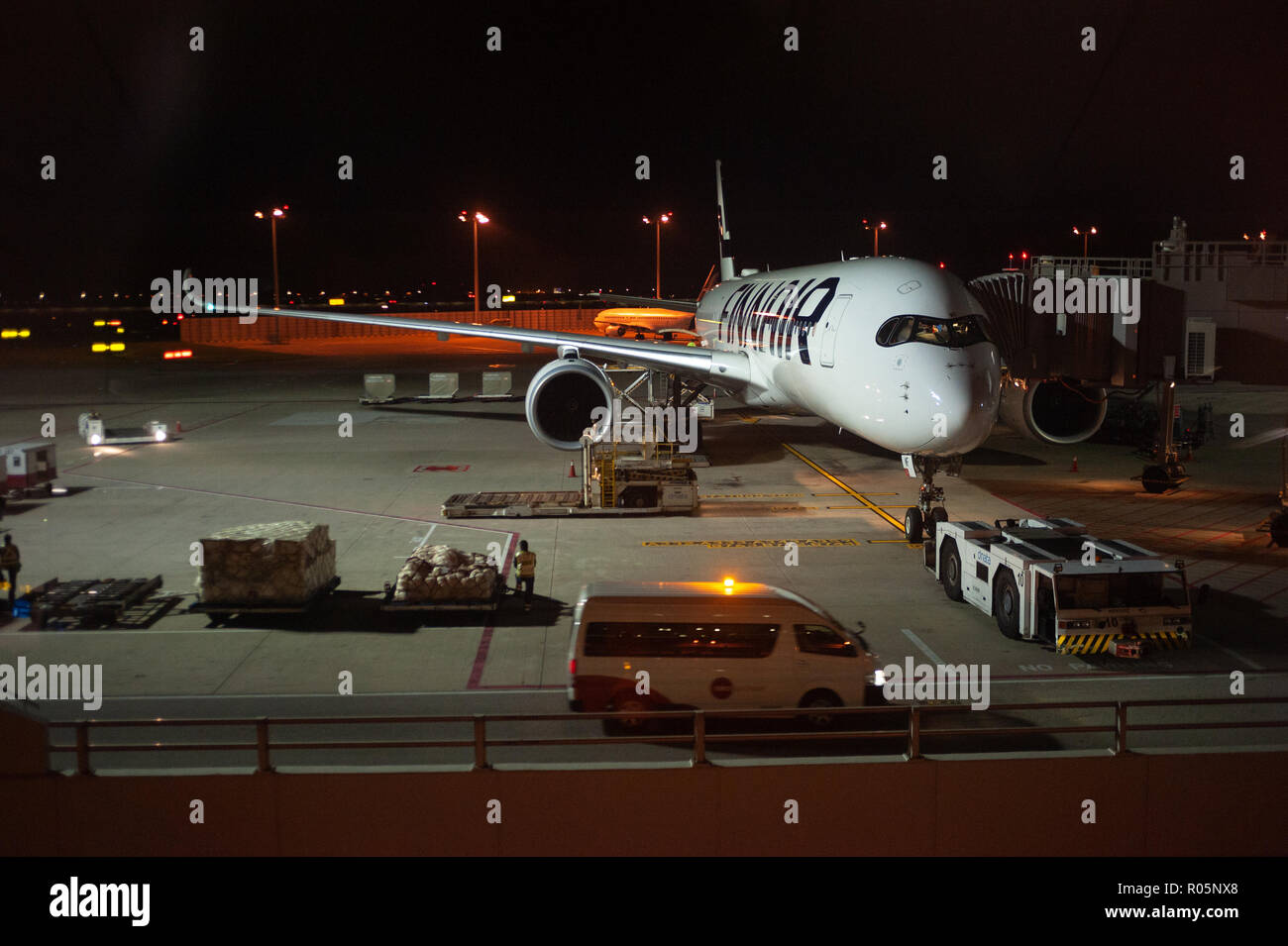 03.06.2018 - Singapore, Republic of Singapore, Asia - A Finnair Airbus A350 passenger plane is parked at a gate at Singapore's Changi airport. Stock Photo