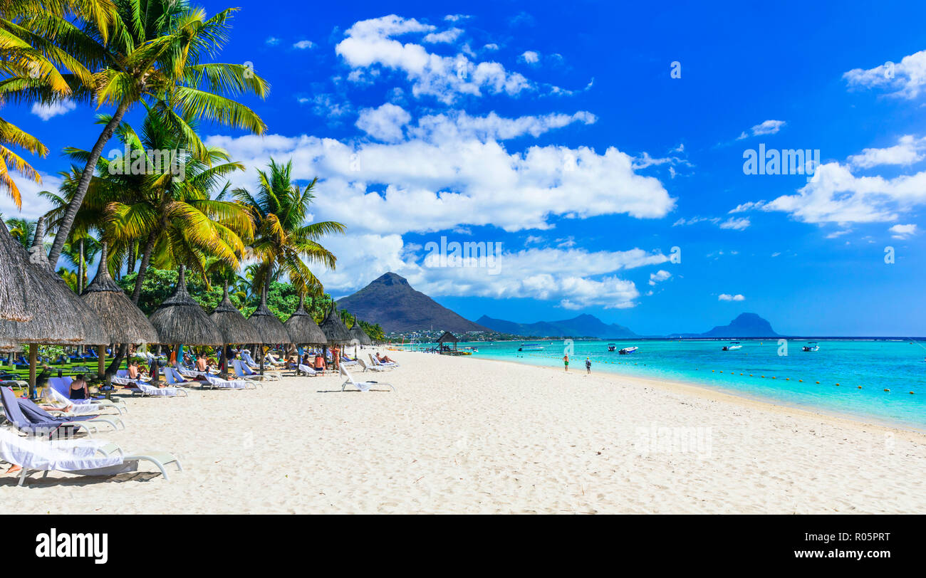 Tropical paradise in Mauritius island,view with sand,sea and mountains. Stock Photo