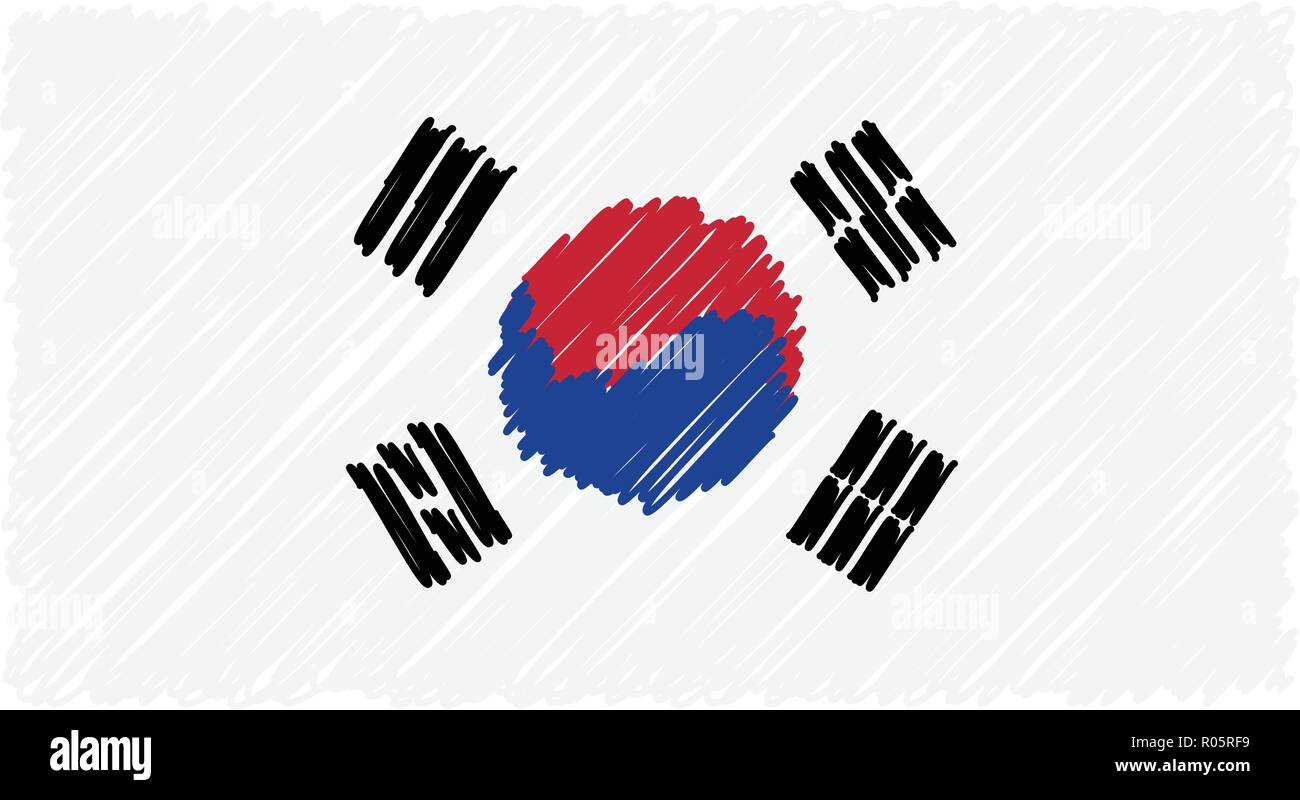 Hand Drawn National Flag Of South Corea Isolated On A White Background. Vector Sketch Style Illustration. Stock Vector