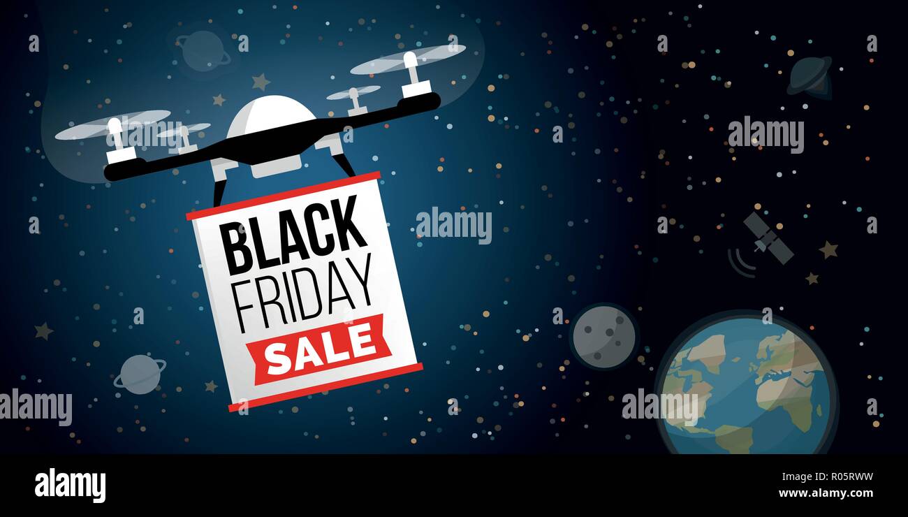 Drone carrying a black friday sale advertisement banner in the space Stock Vector